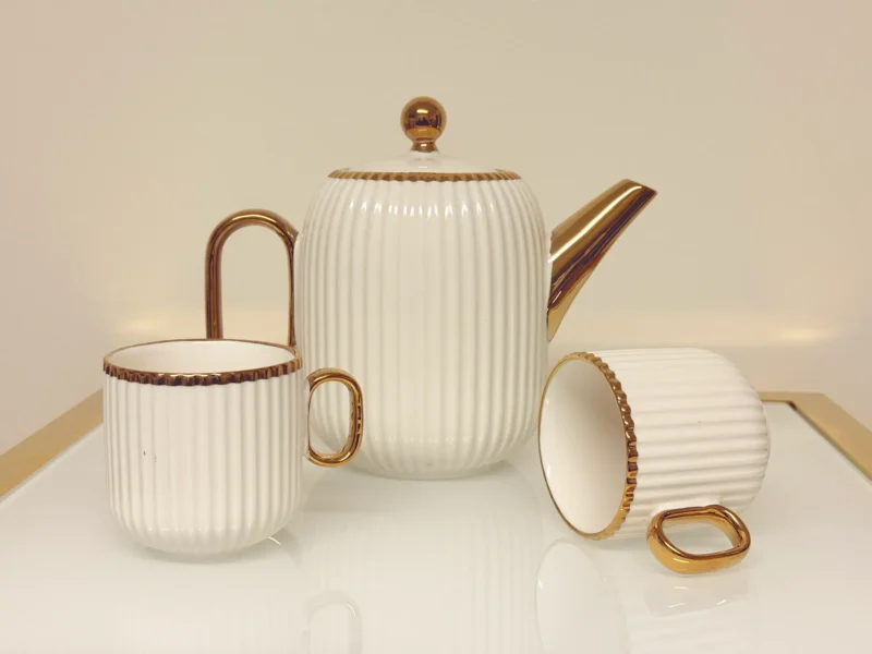 8-piece-ribbed-ceramic-tea-set-gold-trim-teapot-cups 8-Piece Ribbed Ceramic Tea Set with Gold Trim - Teapot, 6 Cups & Tray