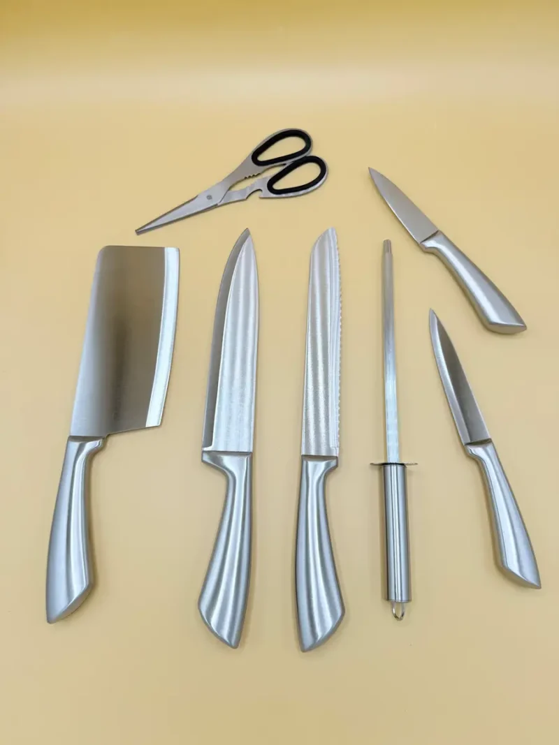 8-piece-silver-stainless-steel-knife-set-with-scissors-and-stand-open Modern Stainless Steel Knife Set with Acrylic Stand - 8 Piece Kitchen Block Collection
