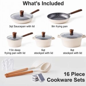 Athena 16-Piece Beige and Wood Tone Cookware Set