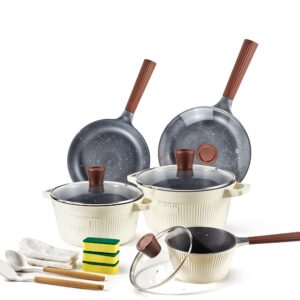 Athena 16-Piece Beige and Wood Tone Cookware Set