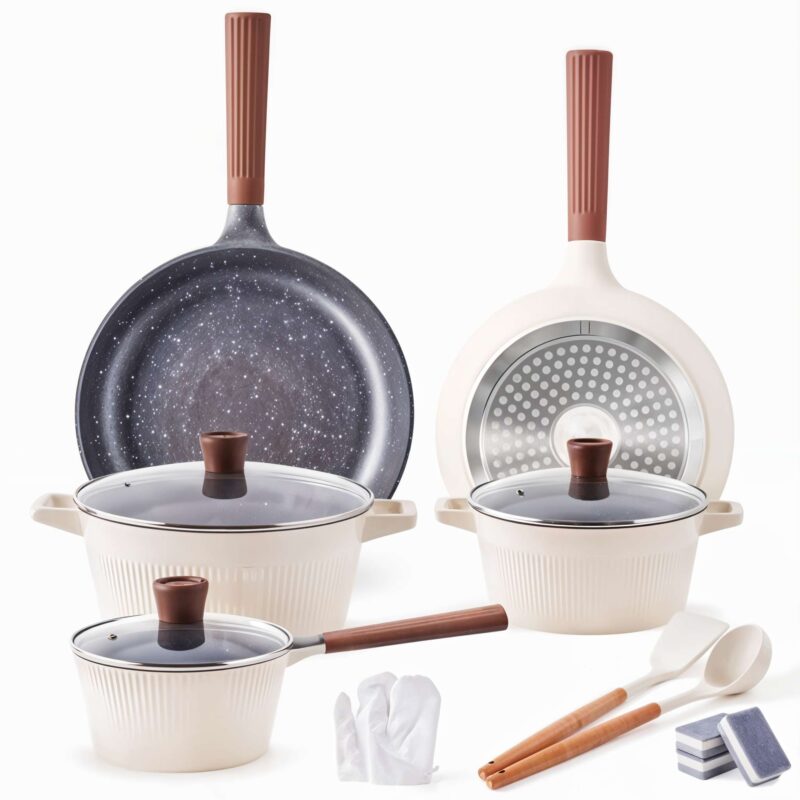 Athena 16-Piece Beige and Wood Tone Cookware Set