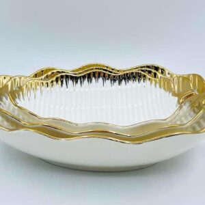 White and Gold Floral Ceramic Serving Set, 3 Pieces