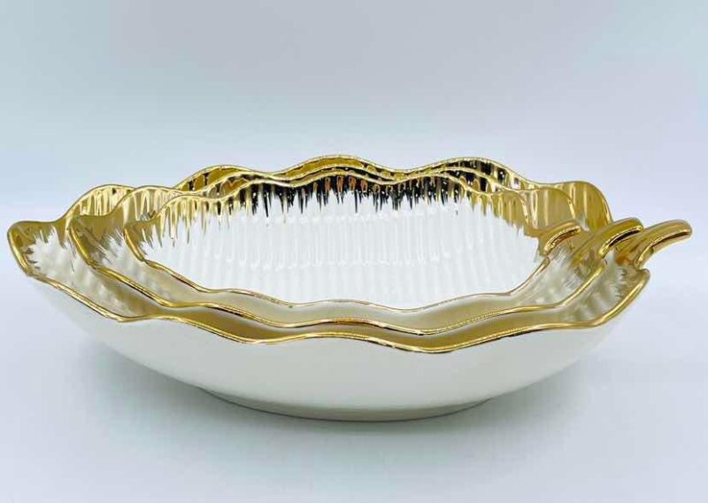 White and Gold Floral Ceramic Serving Set, 3 Pieces