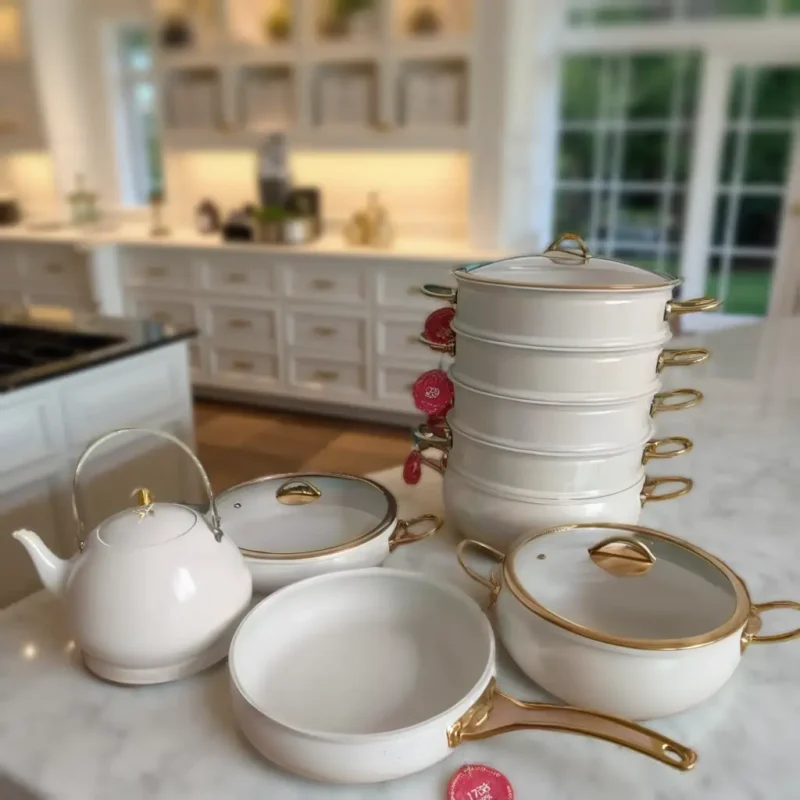 12-Piece White and Gold Trimmed Cookware and Tea Set