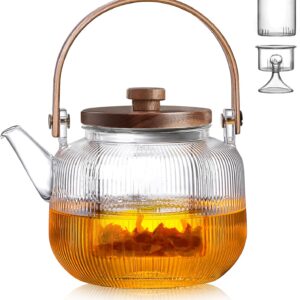 Japanese-Style Borosilicate Glass Teapot Set of 7 with Wood Handle – Heat-Resistant with Filter and Cups