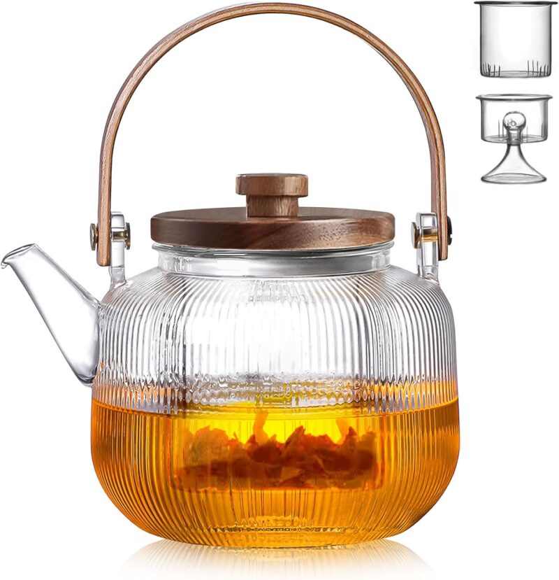 Japanese-Style Borosilicate Glass Teapot Set of 7 with Wood Handle – Heat-Resistant with Filter and Cups