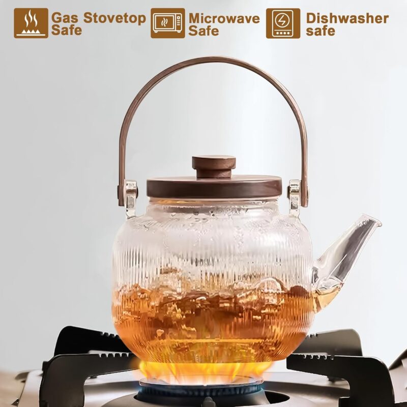 Japanese-Style Borosilicate Glass Teapot Set of 7 with Wood Handle – Heat-Resistant with Filter and Cups