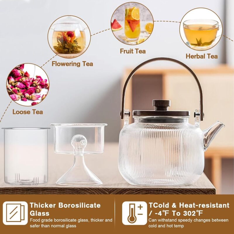 Japanese-Style Borosilicate Glass Teapot Set of 7 with Wood Handle – Heat-Resistant with Filter and Cups