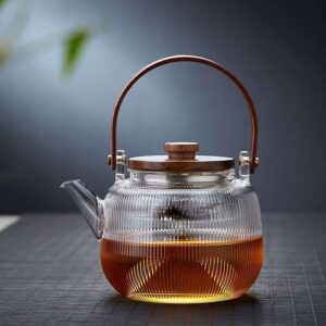 Japanese-Style Borosilicate Glass Teapot Set of 7 with Wood Handle – Heat-Resistant with Filter and Cups