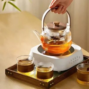 Japanese-Style Borosilicate Glass Teapot Set of 7 with Wood Handle – Heat-Resistant with Filter and Cups
