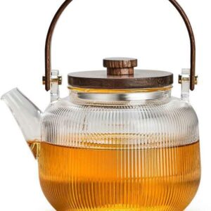 Japanese-Style Borosilicate Glass Teapot Set of 7 with Wood Handle – Heat-Resistant with Filter and Cups