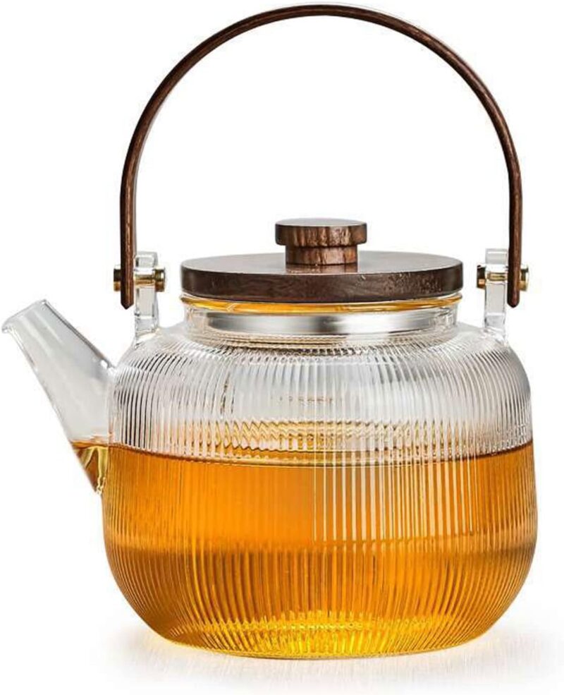Japanese-Style Borosilicate Glass Teapot Set of 7 with Wood Handle – Heat-Resistant with Filter and Cups