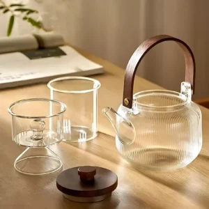 Japanese-Style Borosilicate Glass Teapot Set of 7 with Wood Handle – Heat-Resistant with Filter and Cups