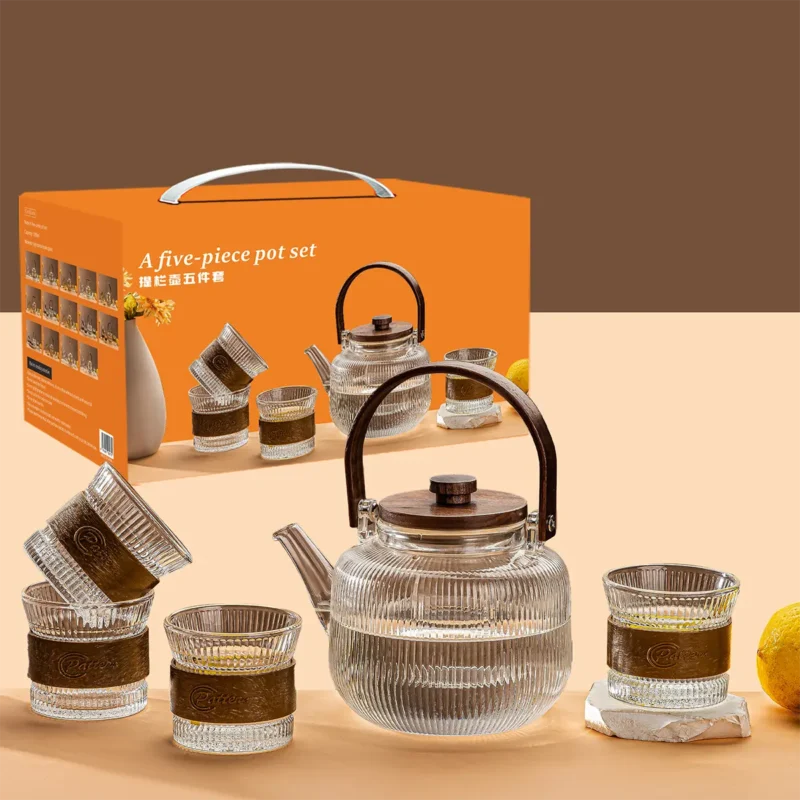 Japanese-Style Borosilicate Glass Teapot Set of 7 with Wood Handle – Heat-Resistant with Filter and Cups