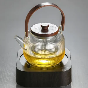 Japanese-Style Borosilicate Glass Teapot Set of 7 with Wood Handle – Heat-Resistant with Filter and Cups