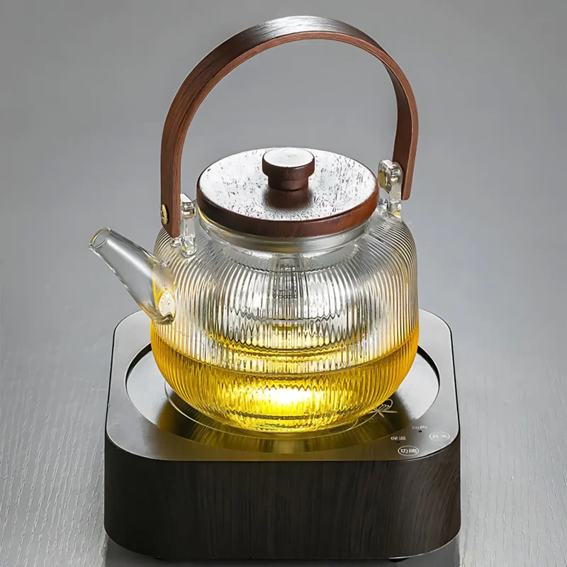 Japanese-Style Borosilicate Glass Teapot Set of 7 with Wood Handle – Heat-Resistant with Filter and Cups