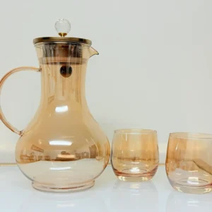 amber glass pitcher set with 6 matching glasses