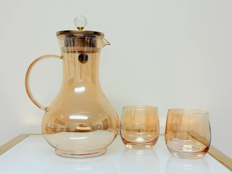 amber glass pitcher set with 6 matching glasses