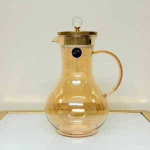 Amber Glass Pitcher Set with 6 Matching Glasses - Elegant Drinkware with Gold-Tone Lid