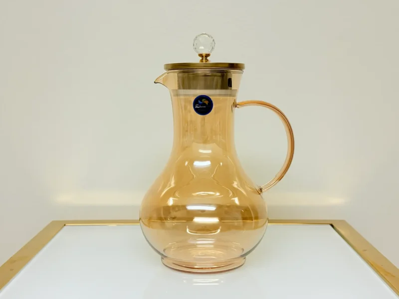 Amber Glass Pitcher Set with 6 Matching Glasses - Elegant Drinkware with Gold-Tone Lid