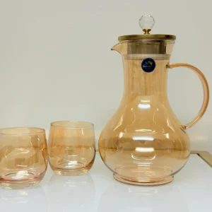 Amber Glass Pitcher Set with 6 Matching Glasses - Elegant Drinkware with Gold-Tone Lid