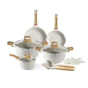 Beige Cookware Set with Light Wood Handles - Pots and Pans Collection