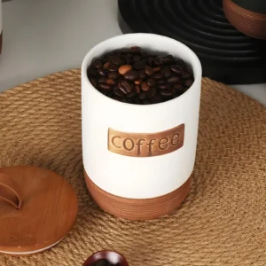 Rustic Ceramic Tea Sugar Coffee Canister Set with Wooden Stand - 3 Pieces