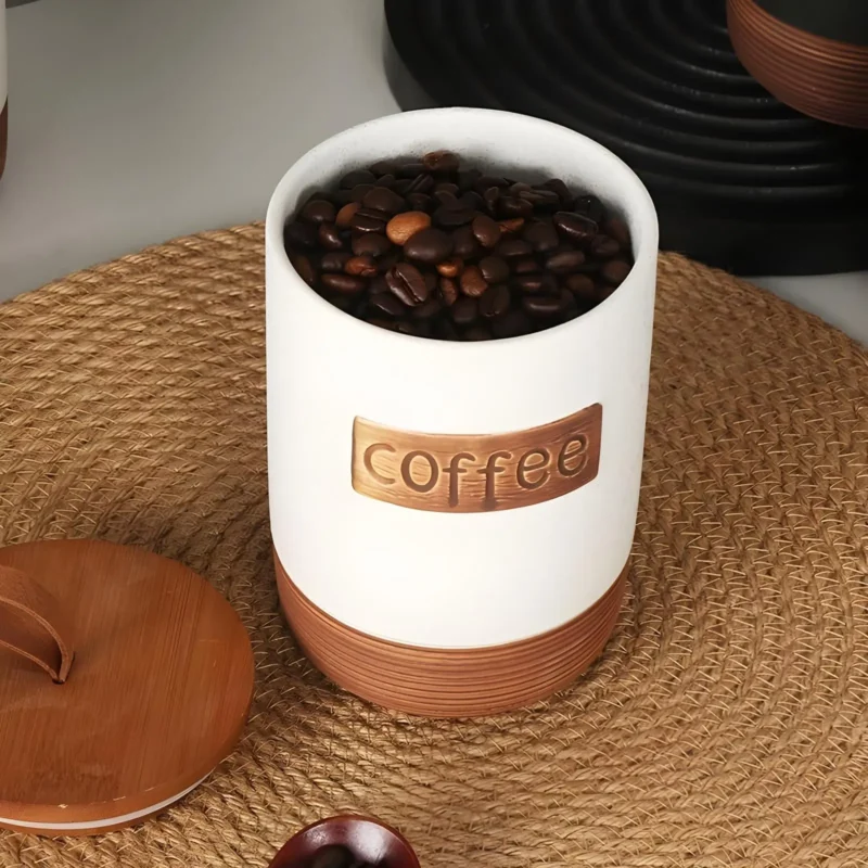 Rustic Ceramic Tea Sugar Coffee Canister Set with Wooden Stand - 3 Pieces