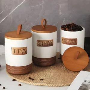 Rustic Ceramic Tea Sugar Coffee Canister Set with Wooden Stand - 3 Pieces