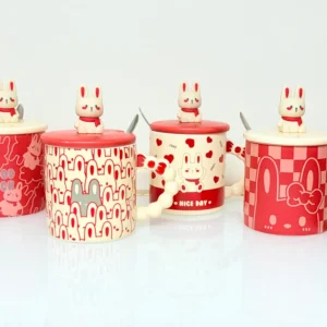 Ceramic Bunny Mug with Lid and Spoon - Cute Gift Mug with Bow Handle (4 Designs)