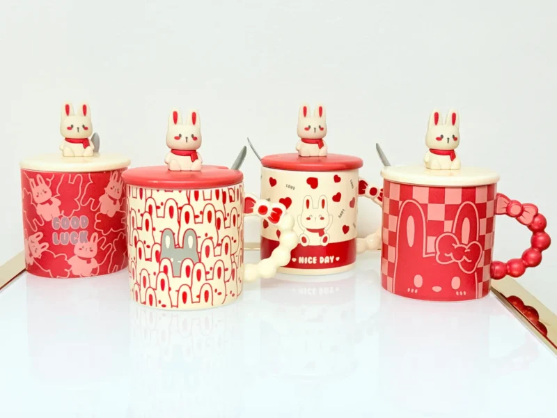 Ceramic Bunny Mug with Lid and Spoon - Cute Gift Mug with Bow Handle (4 Designs)