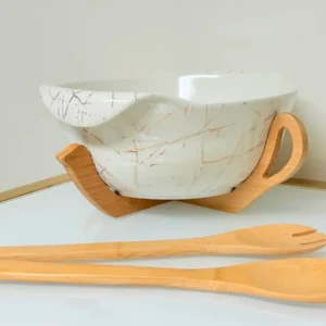Ceramic Salad Bowl Set with Bamboo Stand - Deep Oval Design