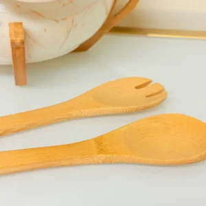 Ceramic Salad Bowl Set with Bamboo Stand - Deep Oval Design