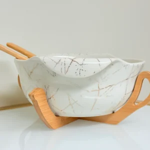 Ceramic Salad Bowl Set with Bamboo Stand - Deep Oval Design