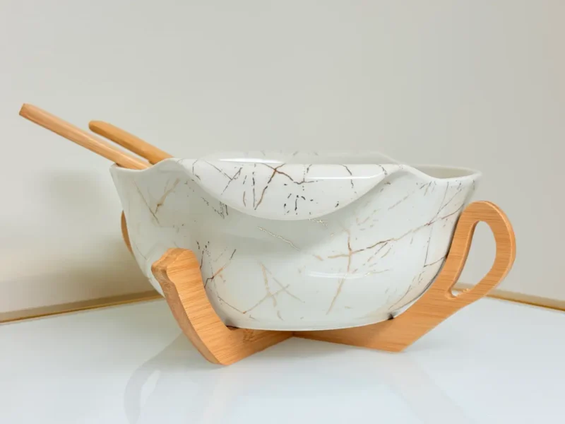 Ceramic Salad Bowl Set with Bamboo Stand - Deep Oval Design