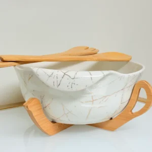 Ceramic Salad Bowl Set with Bamboo Stand - Deep Oval Design