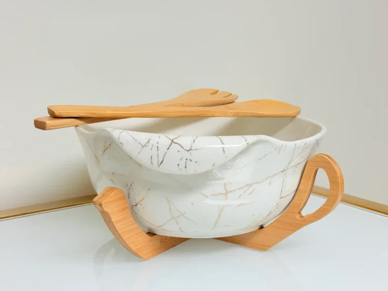 Ceramic Salad Bowl Set with Bamboo Stand - Deep Oval Design