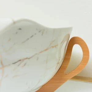 Ceramic Salad Bowl Set with Bamboo Stand - Deep Oval Design