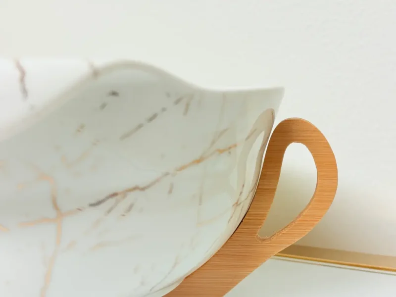 Ceramic Salad Bowl Set with Bamboo Stand - Deep Oval Design