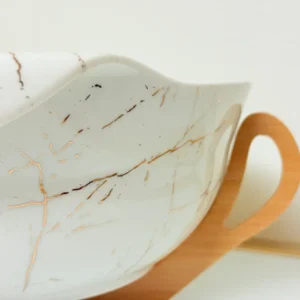 Ceramic Salad Bowl Set with Bamboo Stand - Deep Oval Design