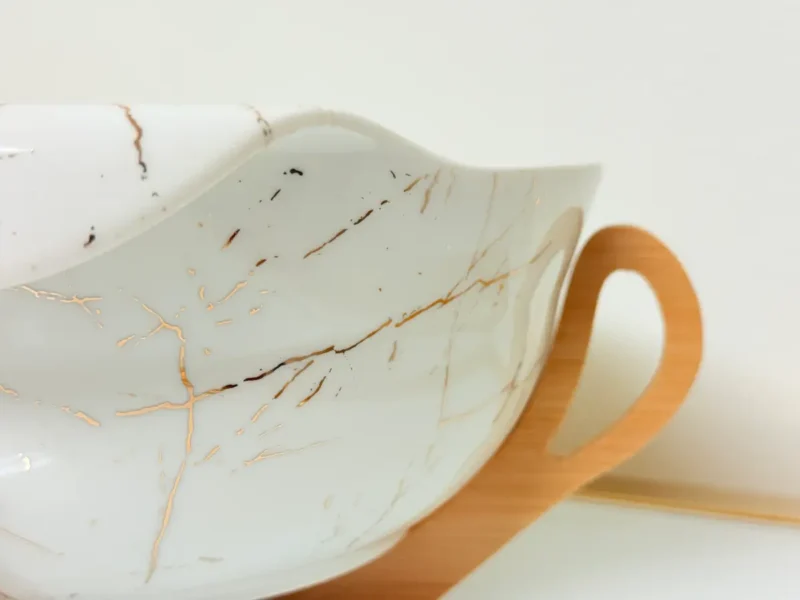 Ceramic Salad Bowl Set with Bamboo Stand - Deep Oval Design