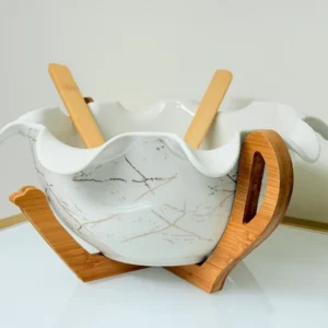 Ceramic Salad Bowl Set with Bamboo Stand and Utensils