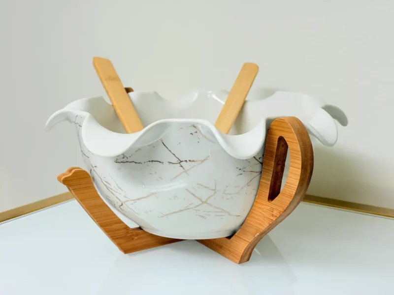 Ceramic Salad Bowl Set with Bamboo Stand and Utensils