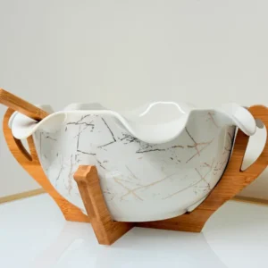 Ceramic Salad Bowl Set with Bamboo Stand and Utensils