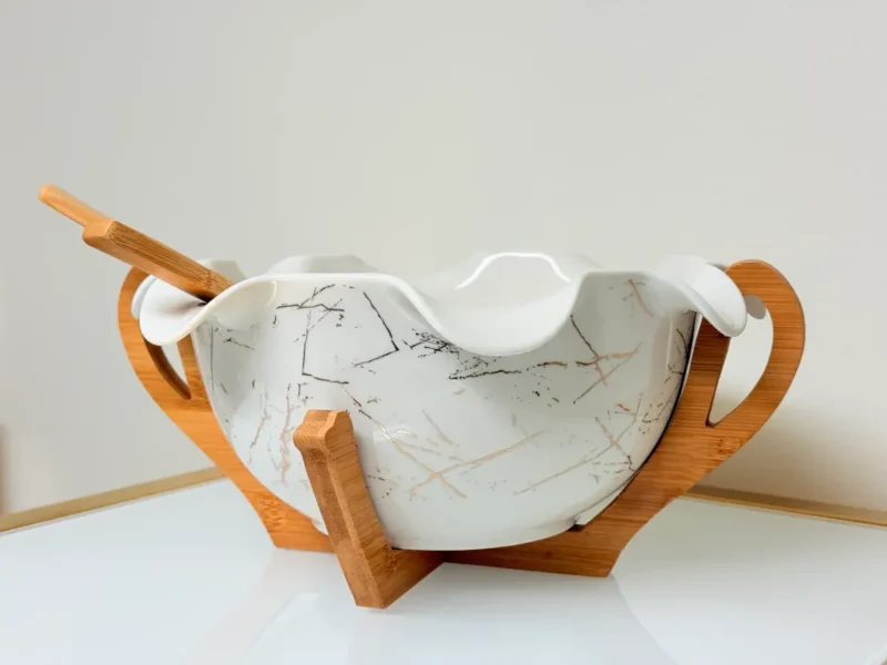 Ceramic Salad Bowl Set with Bamboo Stand and Utensils