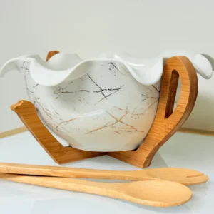 Ceramic Salad Bowl Set with Bamboo Stand and Utensils