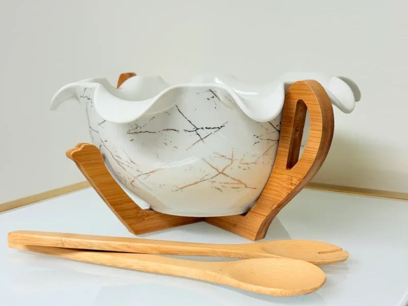Ceramic Salad Bowl Set with Bamboo Stand and Utensils