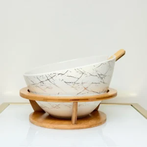 Ceramic Salad Bowl with Bamboo Stand and Servers - Modern Gold Marble Serving Set