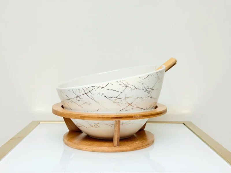 Ceramic Salad Bowl with Bamboo Stand and Servers - Modern Gold Marble Serving Set