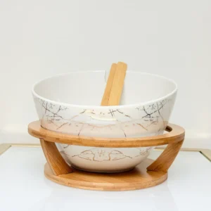 ceramic salad bowl with bamboo stand and servers